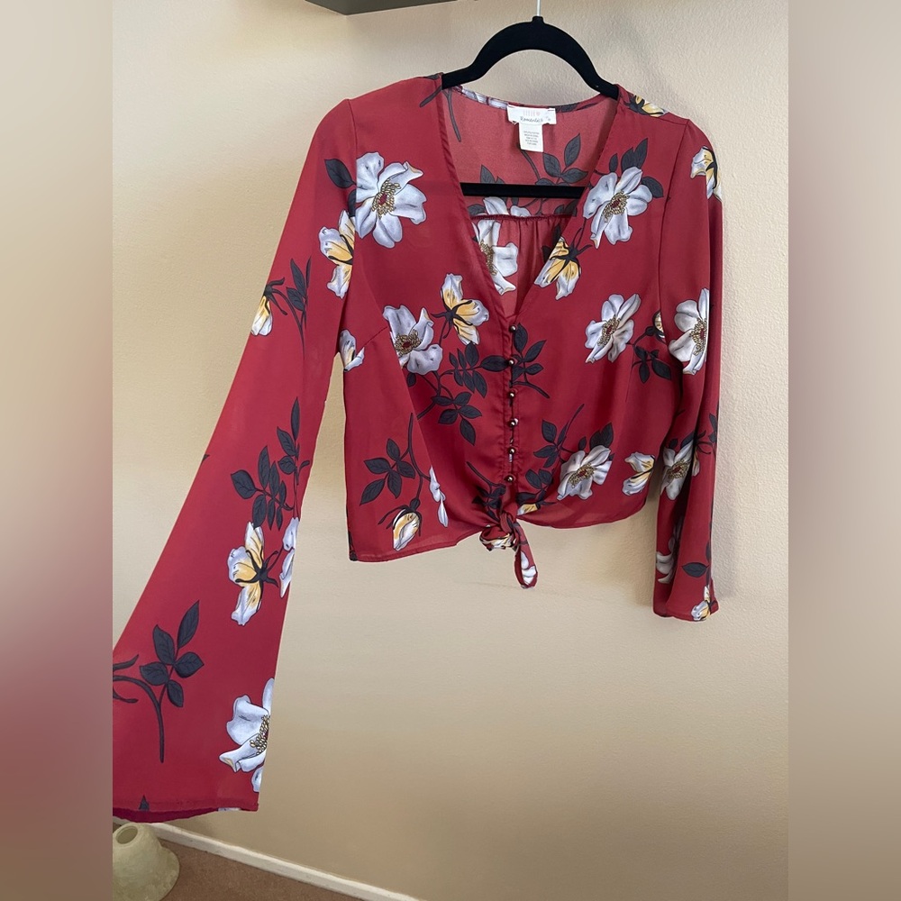 Urban Romantics - Floral Bell Sleeve Blouse W/tie waist